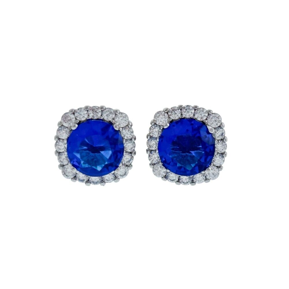 Vintage Sterling Silver Blue Crystal Halo Stud Earrings